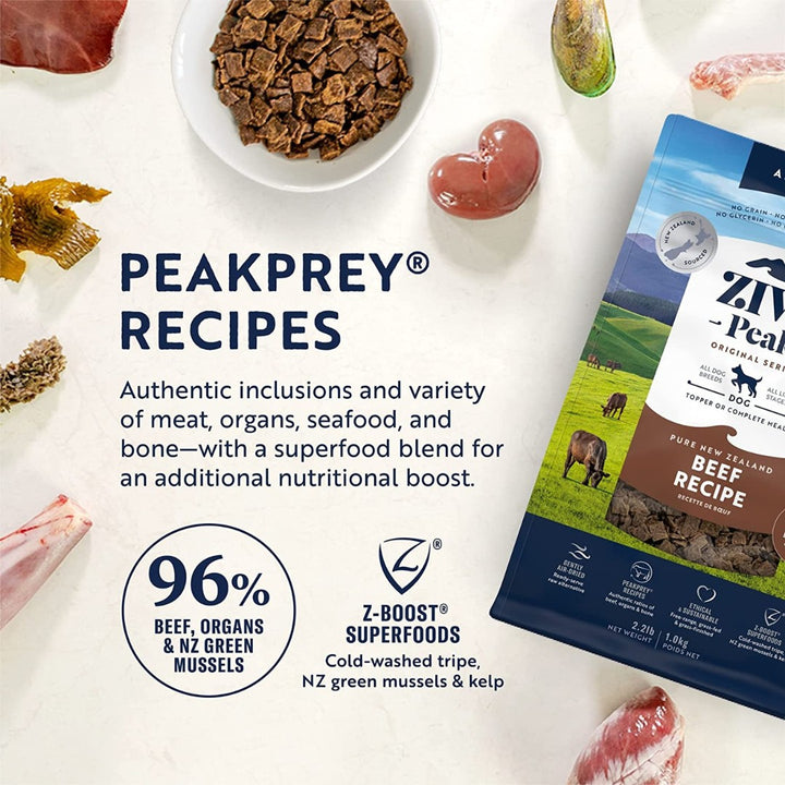 Ziwi Peak Air-Dried Beef Dog Dry Food A complete and balanced PeakPrey® recipe for any life stage, from puppies to seniors AD.