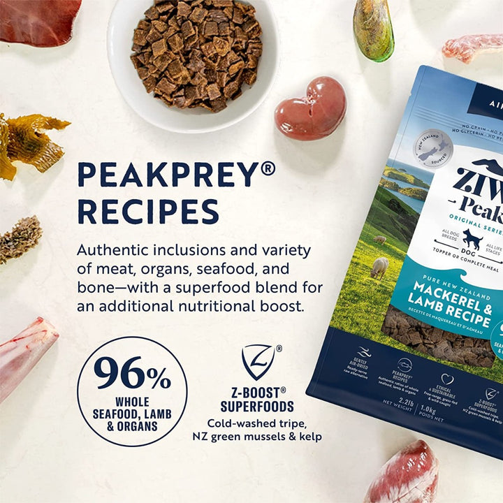 Ziwi Peak Air-Dried Mackerel and Lamb Dry Dog Food A complete and balanced PeakPrey® recipe for any life stage, from puppies to seniors AD.