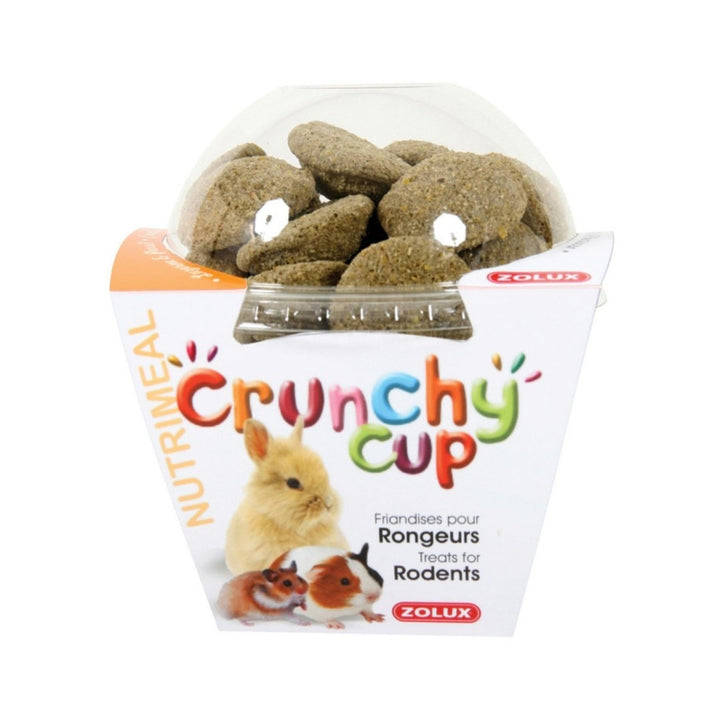 Zolux Crunchy Cup Lucerne & Parsley Rodent Treats for small pets. Natural, Unique, attractive packaging blending transparency and vibrant colors, reclosable.