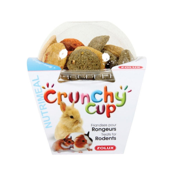 Zolux Crunchy Cup Rodent Treats - Plain Carrot Lucerne Treats for small pets. Unique, attractive packaging blending transparency and vibrant colors, reclosable.