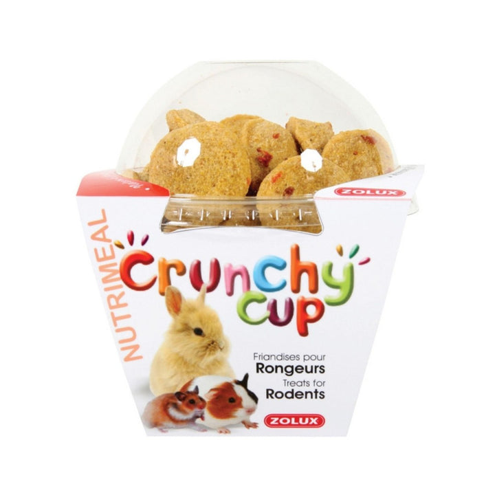 Zolux Crunchy Cup Plain & Carrot Rodent Treats for small pets. Unique, attractive packaging blending transparency and vibrant colors, reclosable. 