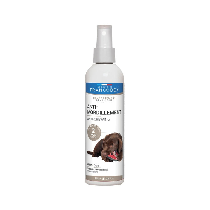 Zolux Francodex Anti-Chewing Spray For Dogs, Formulated with the essential oil of eucalyptus, helps dissuade your dog from chewing on your shoes, clothing, and furniture.