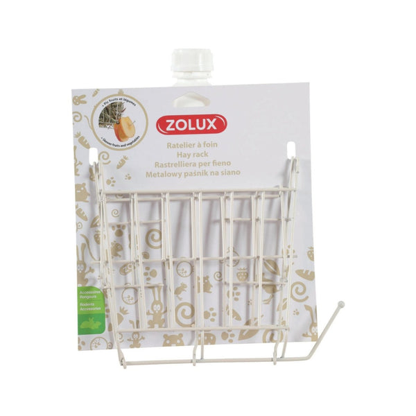 Zolux Metal Hay Rack, This metal hay rack keeps hay clean and dry, protected from dirt on the ground. The stand has additional handles that are used to place fruit on them. Beige