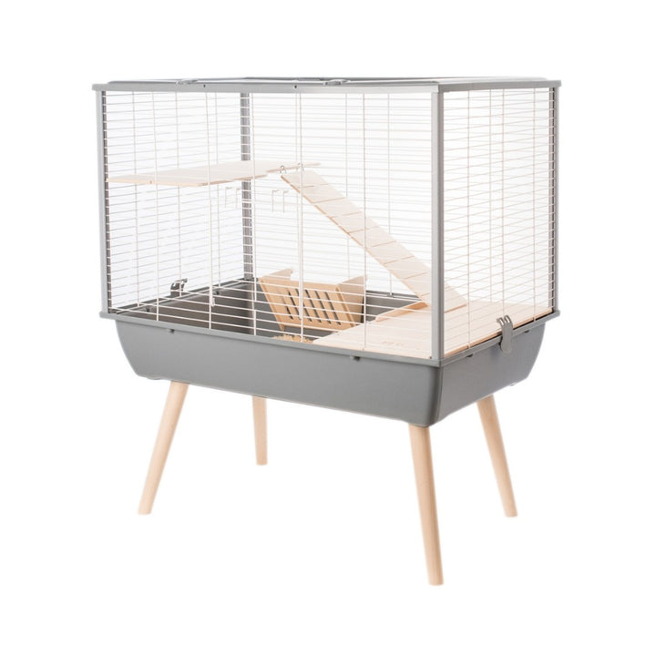 Zolux Neo Muki Large Rodent Cage, Trendy cage for large small animals designed on wooden feet and adapted to each breed Grey.
