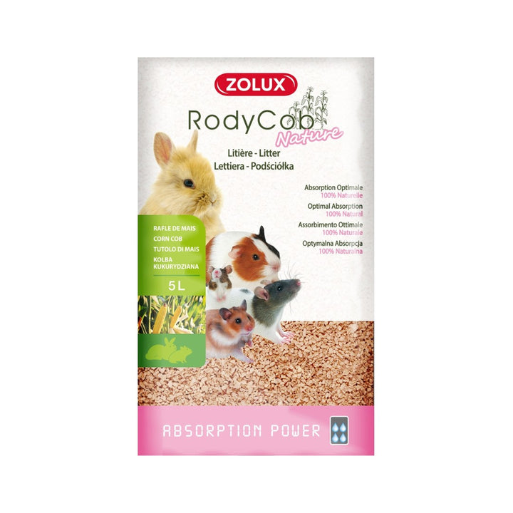 Zolux Rodent Litter Rodycob, Vegetal litter from 100% natural corncob, biodegradable and compostable. High absorption power for liquids and retention of ammonia fumes help fight against bad smells Natural.