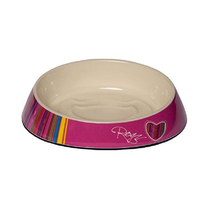 A 'whisker-friendly' flat and wide melamine cat bowl with candy stripe design and the Rogz logo.