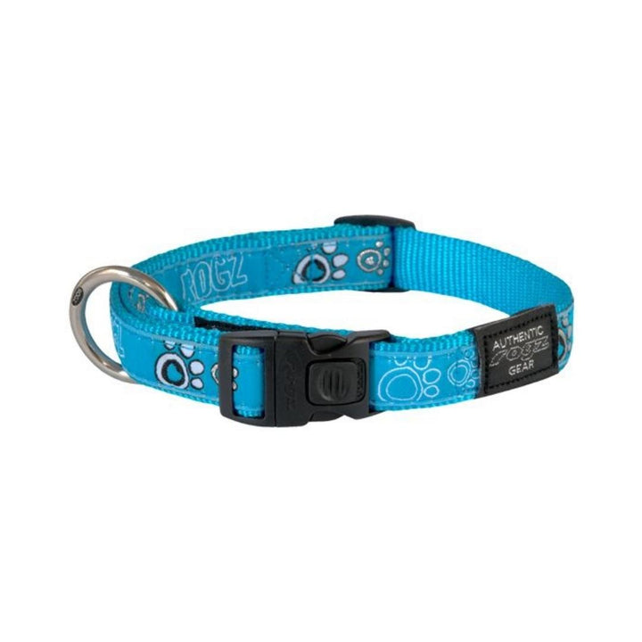 A medium-sized dog collar in turquoise color with a pattern of paws and the brand name 'ROGZ' displayed prominently.