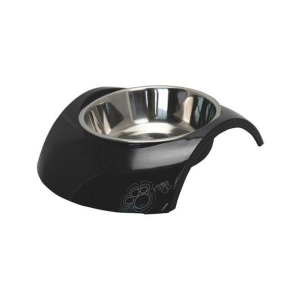 A black Rogz Luna Dog Bowl with a stainless steel bowl insert.