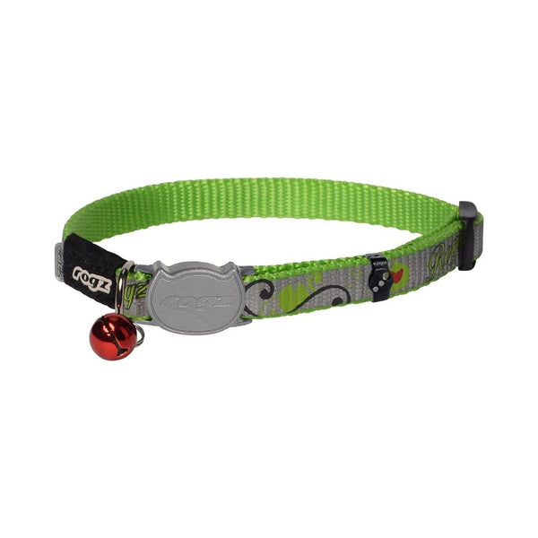A lime green cat collar with a black buckle and bell, featuring reflective material and a branded tag.