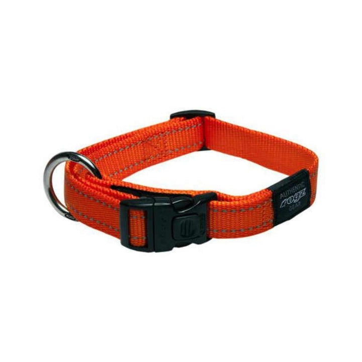 An orange dog collar with black plastic buckle and reflective stitching, featuring a Rogz brand tag.